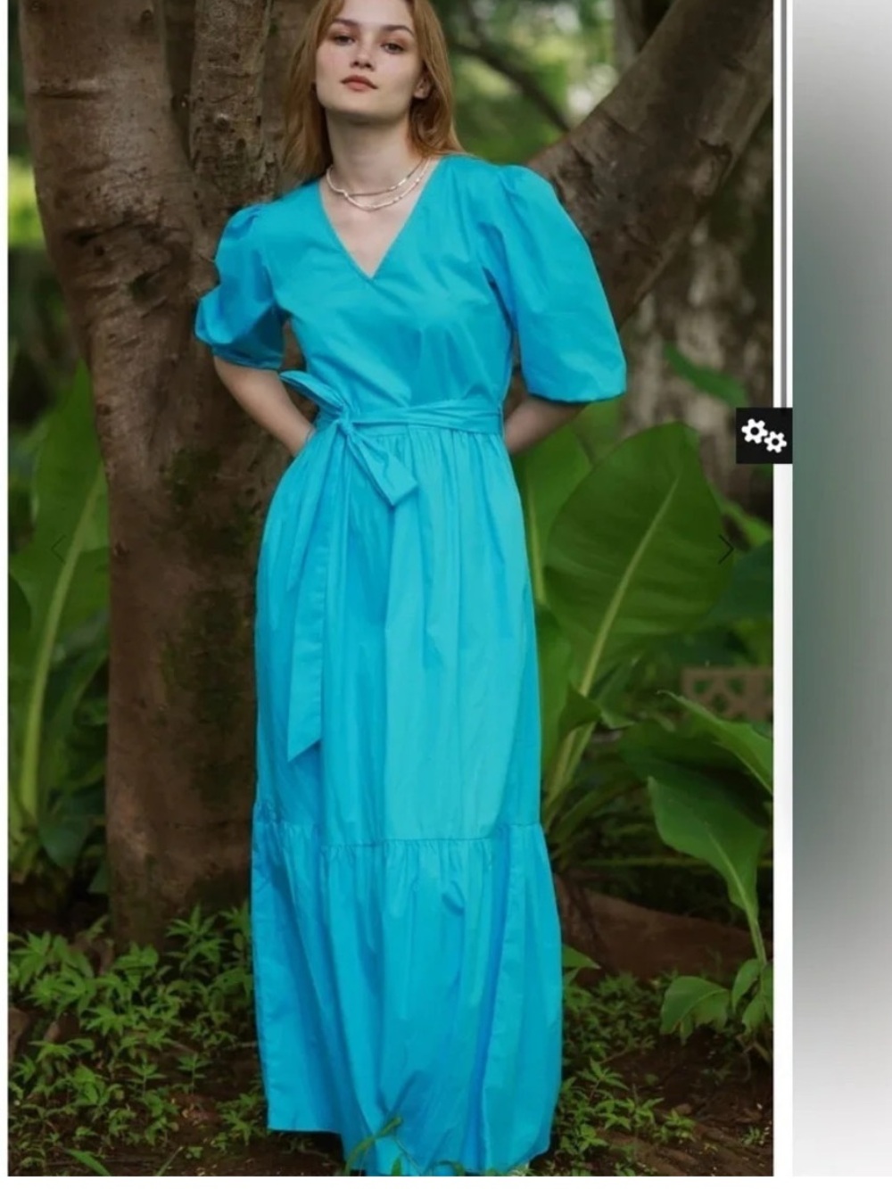Maude Vivante Maxi Dress V-Neck Tiered Melina Aqua Blue 100% Cotton Poplin